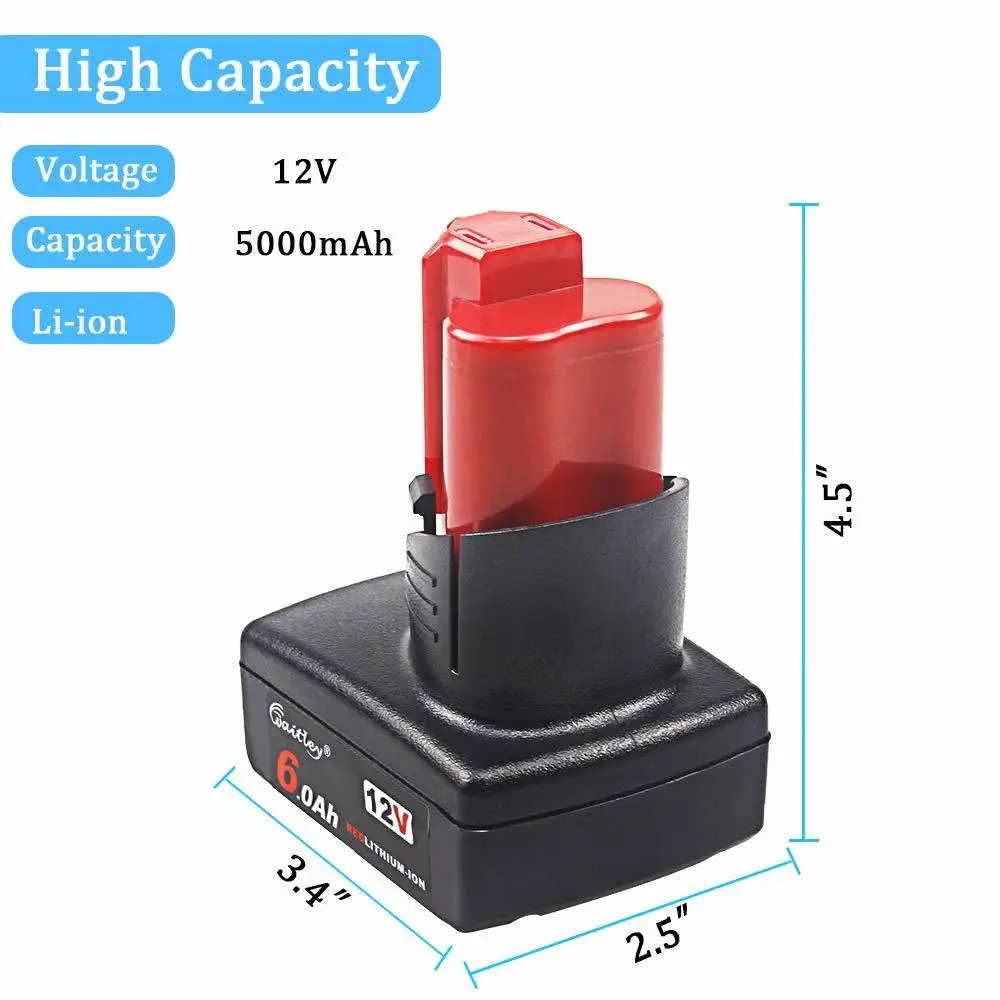 Waitley 2 упак. 12V 6.0Ah батарея для Milwaukee M12 электроинструменты совместимы 6000mAh Замена