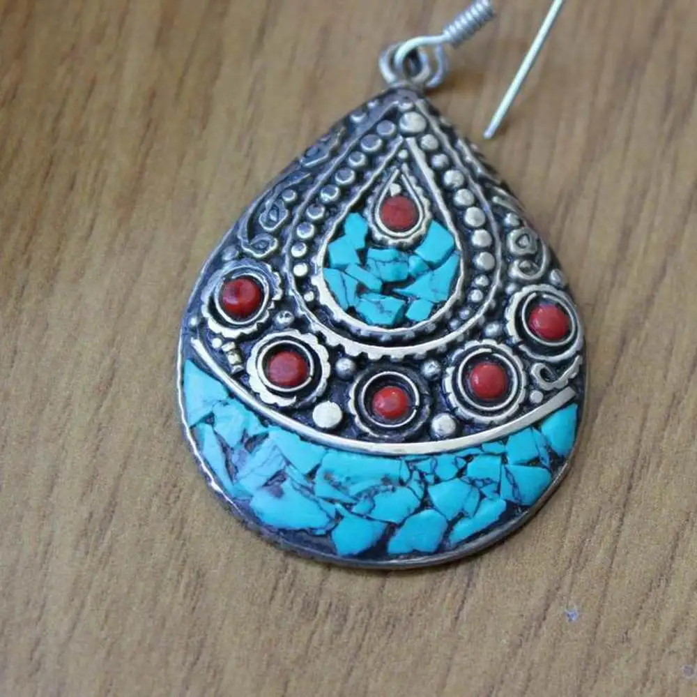 ER150 Nepal Big Water Drop Tibetan Silver Inlaid Turquoises Stone Earring Ethnic Tibetan Gift For Lady