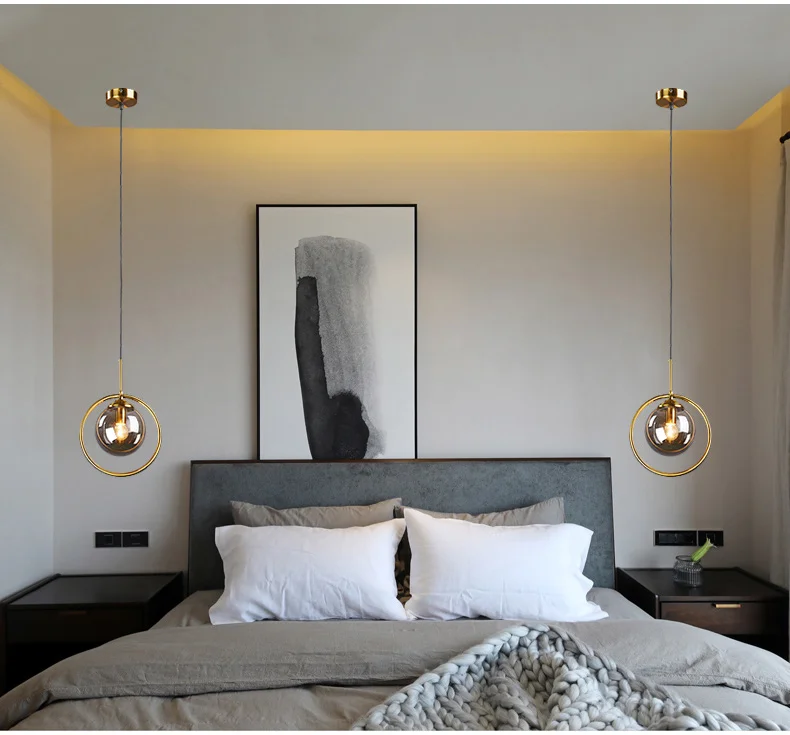 Современный минималистичный Золотой светодиодный подвесной светильник Железный стеклянный шар подвесной светильник скандинавские прикроватные светильники для спальни и ресторана