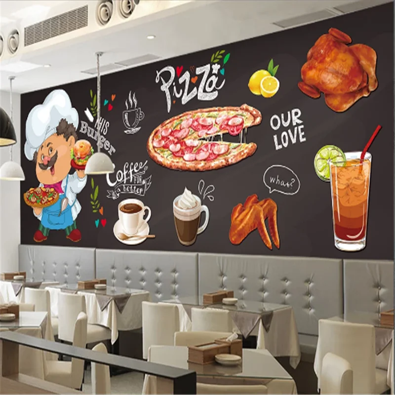 

Custom Chicken Burgers Western Fast Food Restaurant black Background Wall Mural Wallpaper 3D Snack Bar Pizza Wall Paper 3D