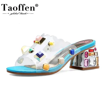 

TAOFFEN Women Sandals Stone Heel Open Toe Women Shoes Fashion Sweet Metal Mixed Color Sweet Summer Slippers Footwear Size 33-46