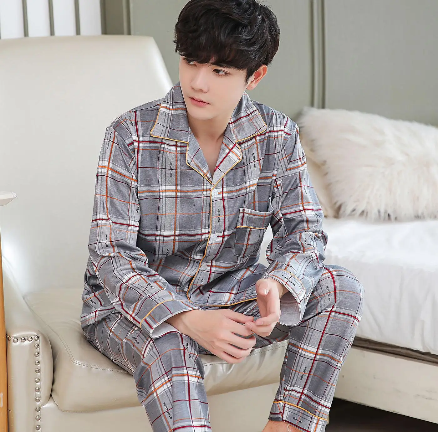 Autumn 100% Cotton Men's Pajamas Set Atoff Home Satin Sleepwear Suit for Man Winter Warm Silk Male Loungewear Nightwear Spring satin lace pajamas sets womens 5pc strap top pants suit sleepwear spring autumn home wear nightwear bath gown m xl