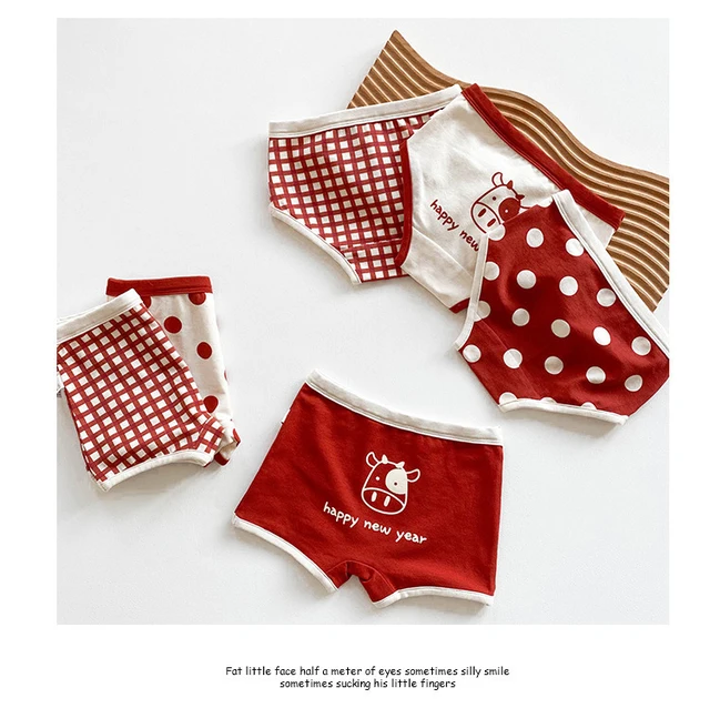 3-Pack Children Girls Underwear New Year's Red Dot Cow Plaid