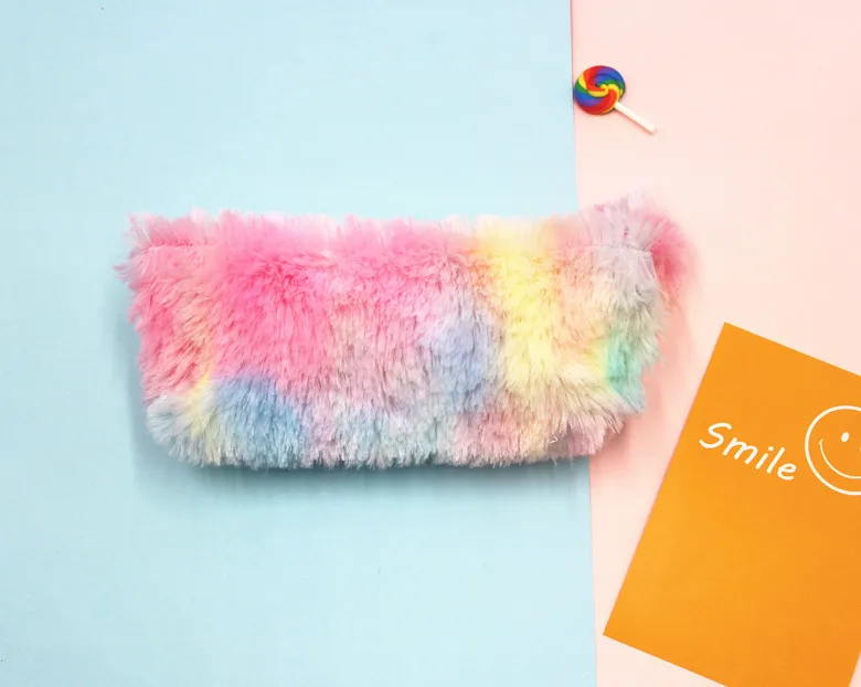 colorful Милый плюшевый чехол-карандаш радужного цвета для девочек, Студенческая сумка-карандаш, канцелярский чехол-карандаш, детские школьные принадлежности для детей - Цвет: colorful