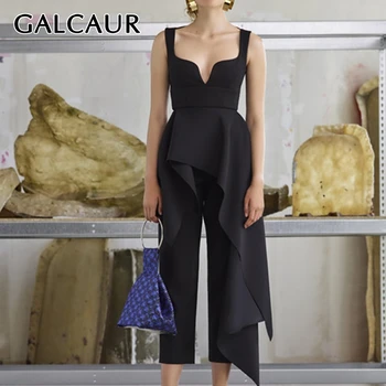 

GALCAUR Patchwork Ruffle Jumpsuit Women Strapless Tank Sleeveless High Waist Irregular Jumpsuits Female 2020 Spring New Clothes