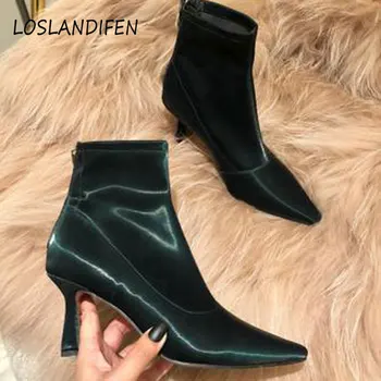 

Winter black leather and ankle boots stretch cloth women's shoes pointed shoes Silp square heel Chelsea boots retro women boots