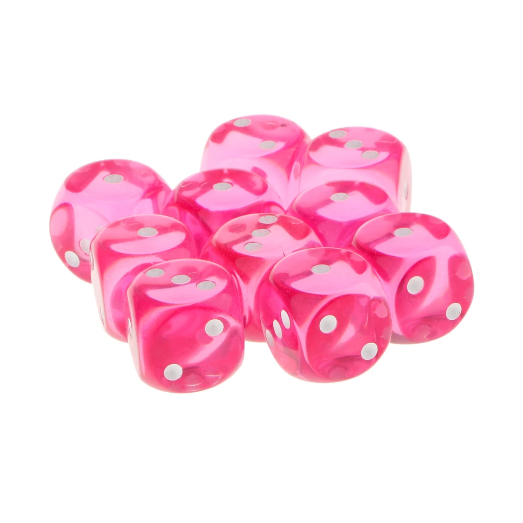 10Pcs 6 Sided D6 Dices Rose Red Transparent 16mm D3 Dice Round Corner
