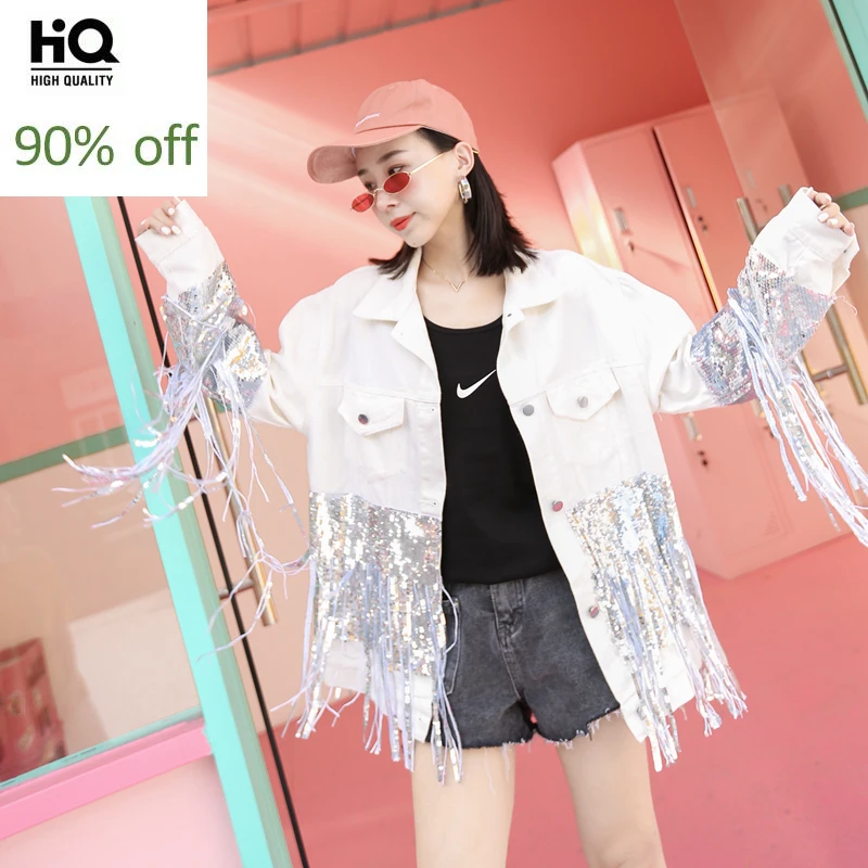 

Euro New Brand Tassel Sequins Patchwork Female Night Show Wear Coats Fashion High Street Loose Fit Casual Womens Denim Jackets
