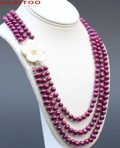 

HABITOO 19" 3 Strands 8-9mm Cultured red Pearl Necklace shell flower clasp for Women 2021 Gift New Fashion