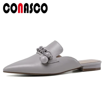 

CONASCO Women Sandals Mules Slippers Pumps Genuine Leather Low Heels Chain String Bead Summer New Arrival Casual Shoes Woman