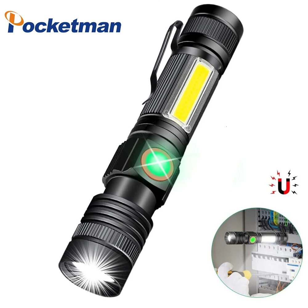 3800LM Portable Zoomable LED Flashlight USB Rechargeable torch Side COB as worklight use 18650 battery for camping outdoor light | Лампы и