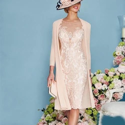 Elegant Woman's Formal Event Mother Of The Bride Dresses With 3/4 Sleeves Lace Slim Knee Length Wedding Party Gown With Jacket