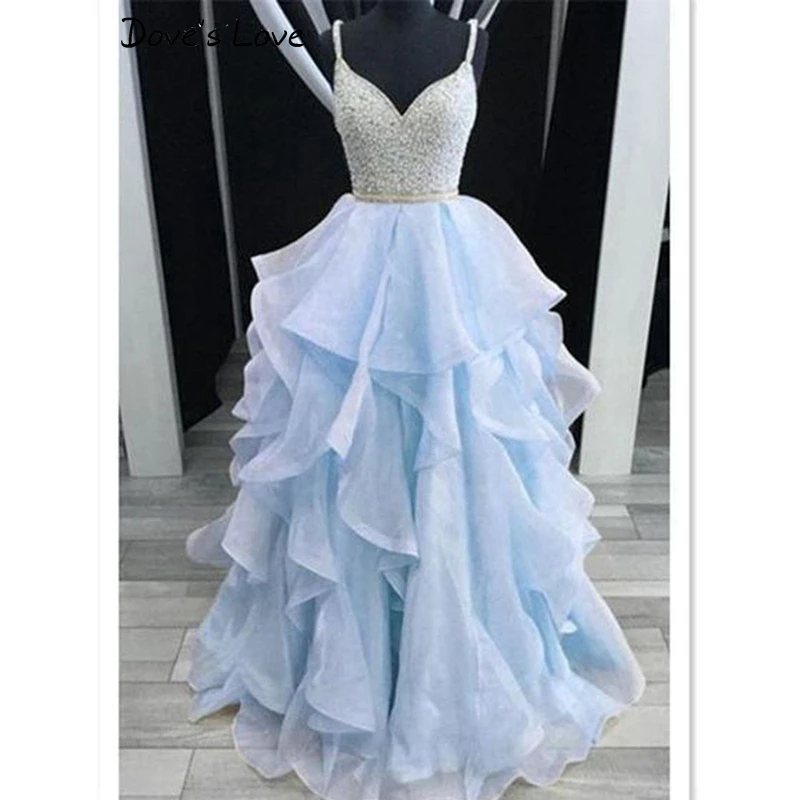 

Elegant Blue/Pink Beading Crystal Ruffles Prom Dresses 2020 V Neck Formal Party Backless vestidos Evening Gowns robe de soiree