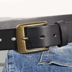 Vintage Luxury Handmade Leather Belt with Copper Buckle - Retro Cowhide All-Match Casual Belt - 125cm (Black)