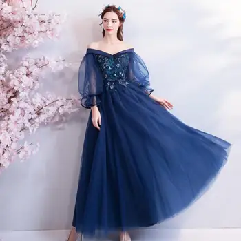 

2019 New Young Mother Dark Blue Long V-neck Lantern Sleeves Flower Lace Sweet Dress