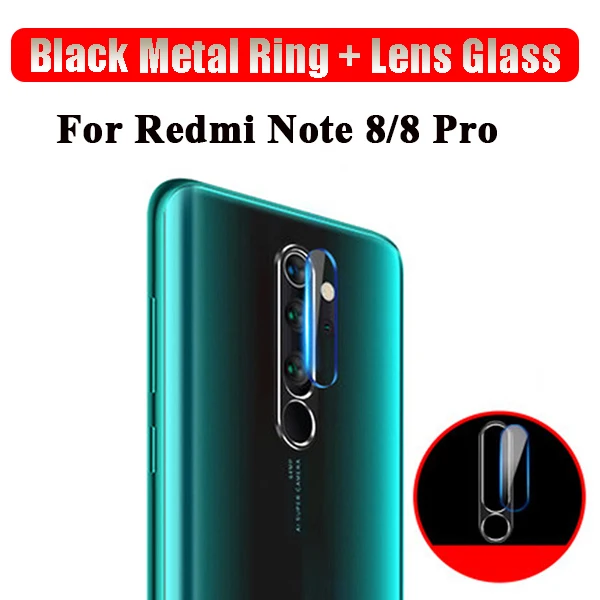 Для Redmi Note 8 Pro Чехол с металлическим кольцом+ закаленное стекло полное покрытие защитное металлическое кольцо объектив камеры чехол пленка протектор экрана - Цвет: Black Ring and Glass