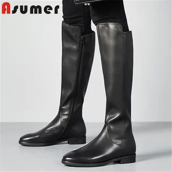 

ASUMER 2020 newest low heel riding boots women genuine leather footwear round toe zip autumn winter knee high boots woman