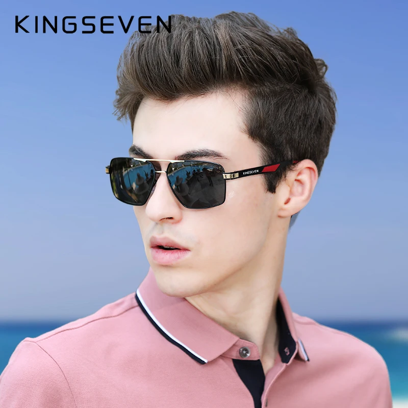 Baratos Lentes polarizadas de aluminio de KINGSEVEN para hombre, lentes de diseño rojo, patillas, gafas de sol, gafas de espejo con revestimiento, Oculos de sol 7719