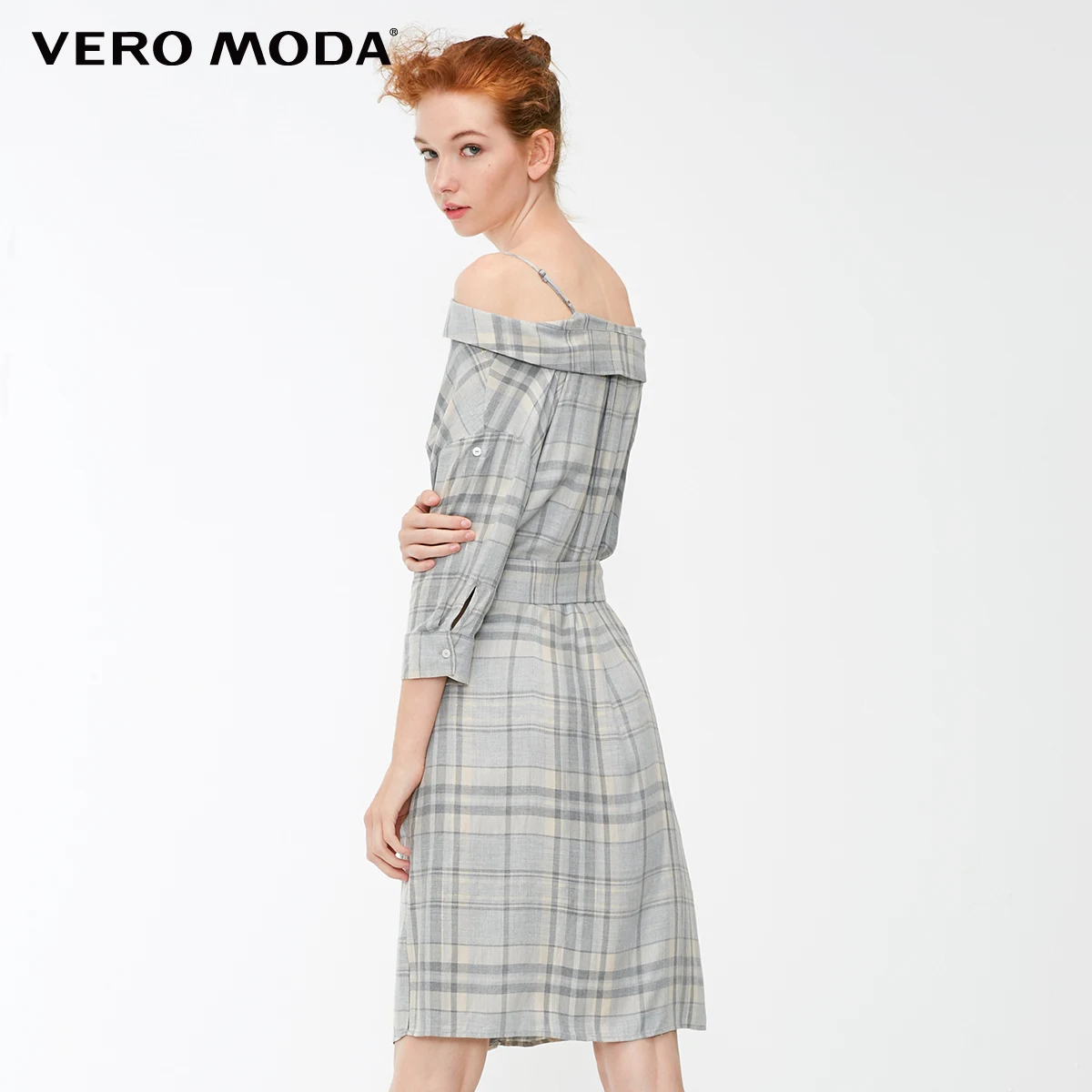 Vero Moda Новое поступление клетчатое платье-комбинация с открытыми плечами и длинными рукавами | 3184SZ502