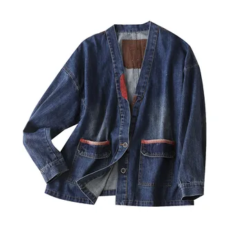 

Autumn New Pocket V-neck Jeans Coat Women Wide-waisted Solid Abrigo Largo Mujer Invierno 2020 Casaco Feminino Denim Jackets