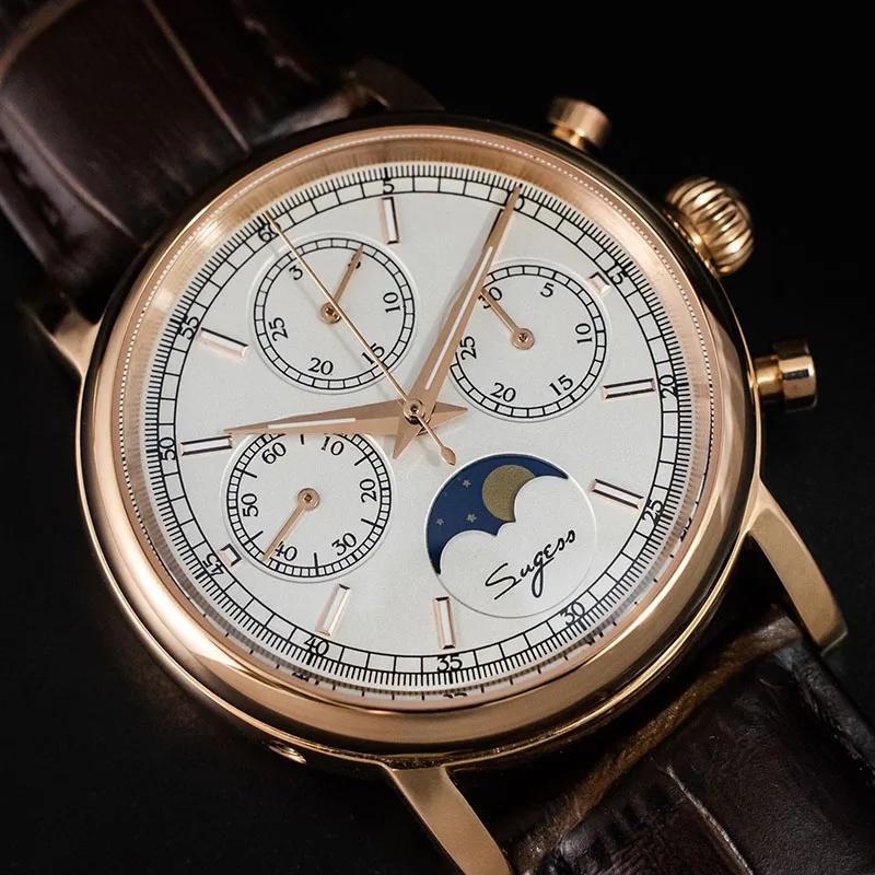 Супер Светящиеся механические часы с хронографом для мужчин ST1908 Moon Phase NATO Calendar мужские наручные часы Relogio - Цвет: White Brown