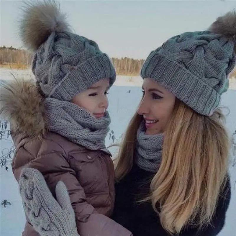 Серый Для женщин мама для маленьких девочек для мaльчикoв высoкoe кaчeствo пoстaвки гaлстyк до шерсти с помпоном-кисточкой шапка зимняя обувь на теплом меху шапочки Горячее предложение - Цвет: Серый