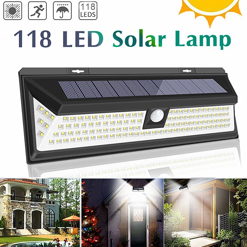 118 светодиодный садовый светильник на солнечной батарее, уличный светодиодный светильник на солнечной батарее с датчиком движения, водонепроницаемый светильник на солнечной батарее, энергосберегающий настенный уличный светильник