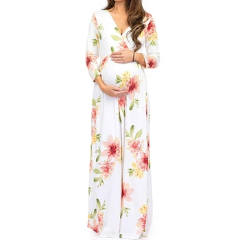

Maternity Dress Women Floral Print V-Neck Long Dress Pregnant Casual Clothes Breastfeeding Skirt