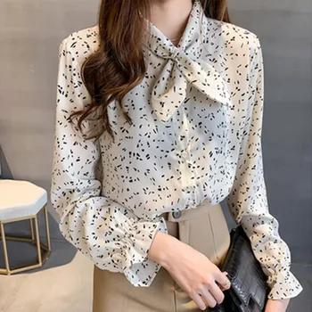 

New Women Fashion Bow Tie Long-sleeved Shirt Japanese Style Female Printed Casual Chiffon Shirt Tops blusas femininas