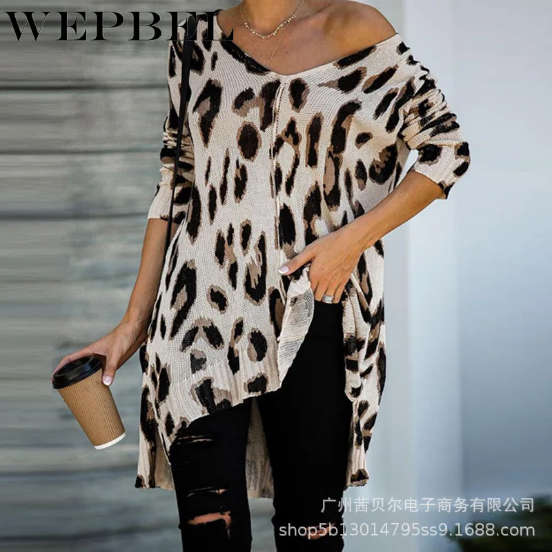 

WEPBEL Women's Sexy Loose Leopard Print Sweater Autumn Long Sleeve Casual Off-Shoulder V-neck Irregular Knitting Sweater