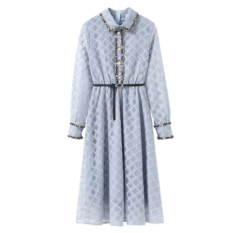 

PERHAPS U Blue White Plaid Turn Down Collar Button Long Sleeve A-line Elegant Knee Length Dress Autumn Small fragrance D1963