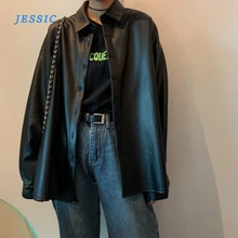 Aliexpress - JESSIC New Women Oversized PU Leather Blouses 2021 Spring Black Faux Leather Basic Coat Turn-down Collar Motor Biker Jacket