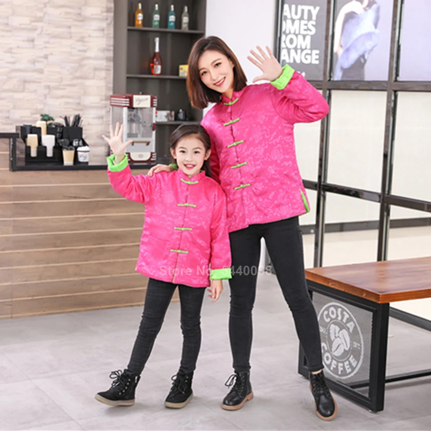 One rosered jacket Одежда для родителей и детей на год китайские традиционные костюмы костюм для мужчин, женщин, детей, мальчиков и девочек зимнее двустороннее плотное пальто - Цвет: One rosered jacket