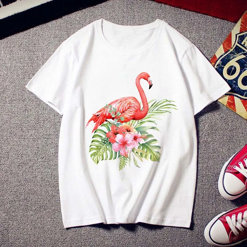 Flamingo beauty trendy T-shirt ladies print fashion 90s Harajuku short-sleeved T-shirt white retro summer T-shirt top