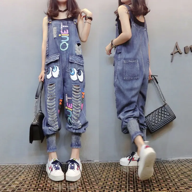 Bib Trousers Spring and Summer 2021 New Women's Casual Loose Holes Harlan Small Instep Jeans Jumpsuits and Bodysuits