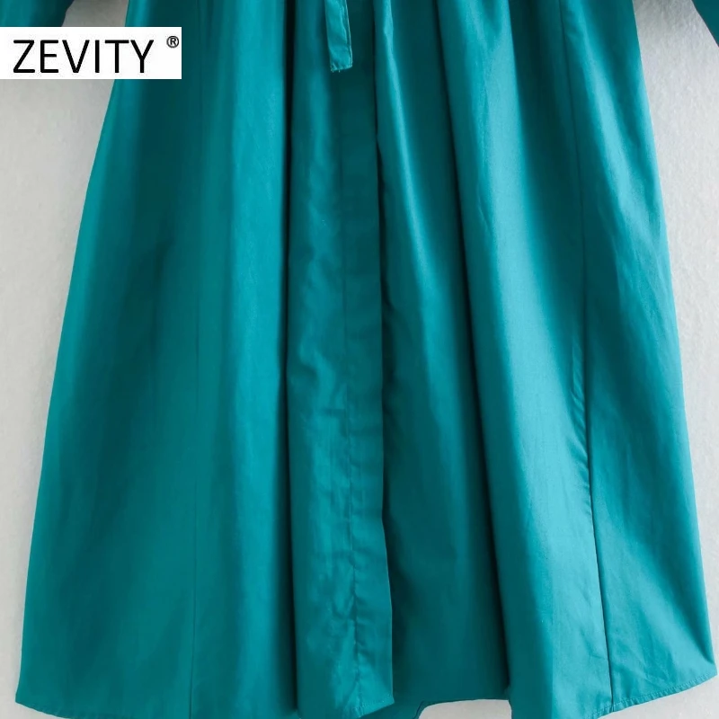 ZEVITY women vintage solid color lantern sleeve casual loose shirt dress female pleat drawstring bow vestido chic dresses DS4441