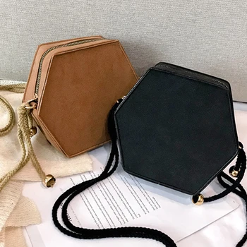 

Korean Style Soft Scrub PU Leather Ladies Shoulder Crossbody Bag Creative Women Vintage Hemp Rope Hexagon Messenger Bag