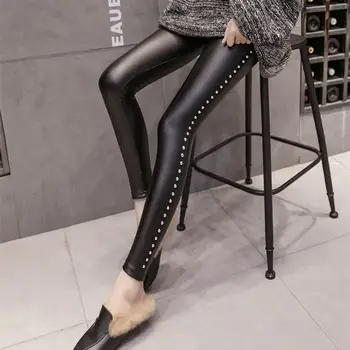 

Autumn Winter Pu Leather Leggings 2019 New Fur Velvet Rivets Fitness Legging Solid Women High Waist Slim Legging