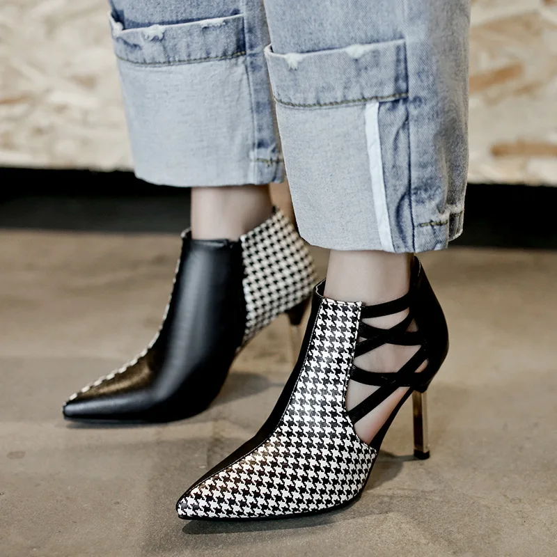 

2019 Spring And Summer New Style Large Size High-Heel Sandal Boots Narrow Combination Hollow out Mixed Colors Zipper Europe And