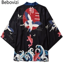 Bebovisi журавль кои волны печати уличная кимоно кардиган халат летний хаори Obi Традиционная японская одежда для женщин и мужчин