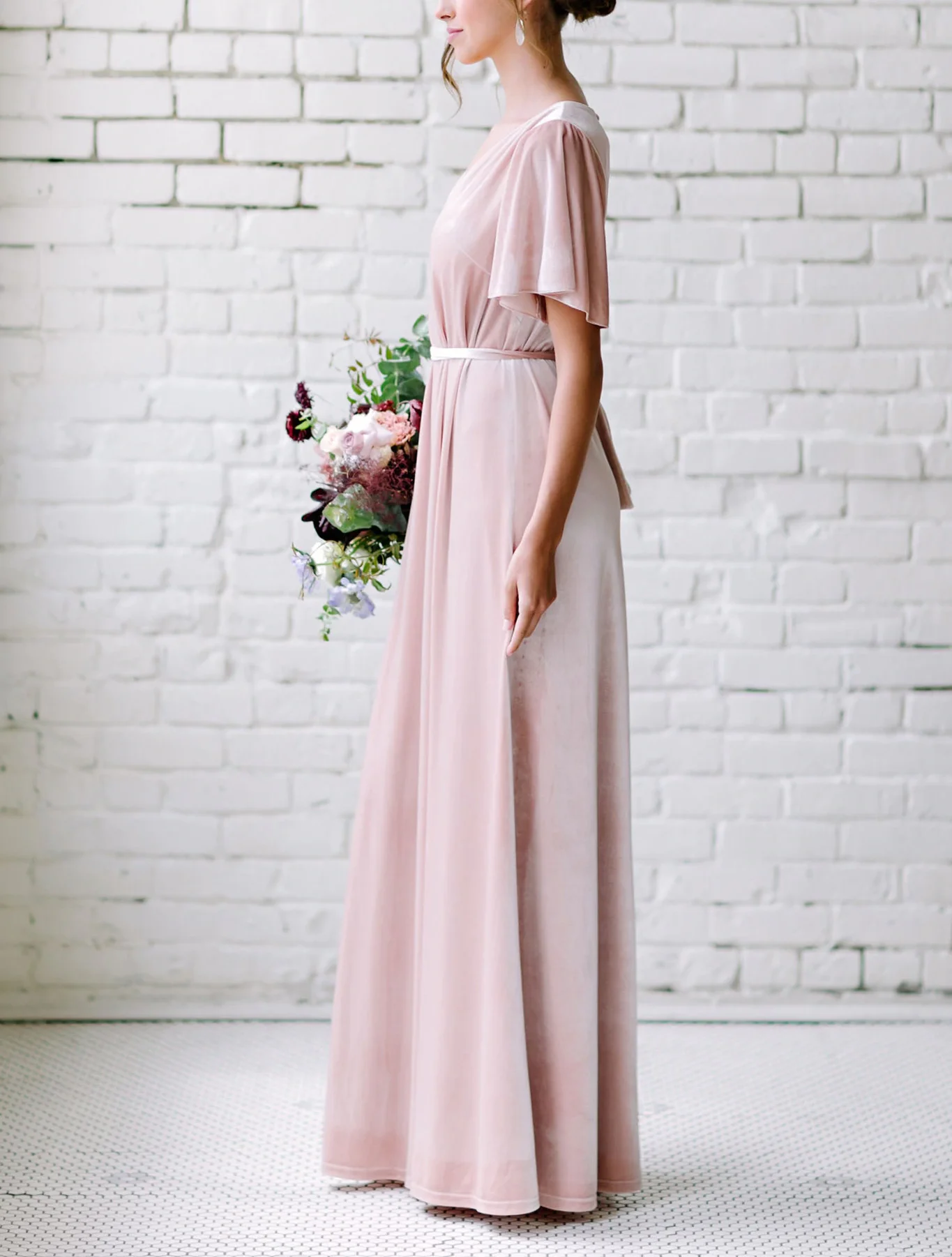 Розовые платья подружки невесты длинные велюровые Короткие рукава Vestido Madrinha v-образным вырезом Свадебное платье для гостей vestido de festa