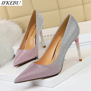 

Wedding Heels Shoes Woman Glitter Bling Pointed Toe Pump Slip on Heel Slide Fashion Shallow Stilettos Mixed Color Zapatos Mujer
