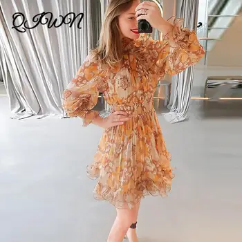 

Boho Brand Designer Women Summer Chiffon Pink Printed Holiday Long Sleeve High Waist Ruffles Mini Dress 2020 New Clothes