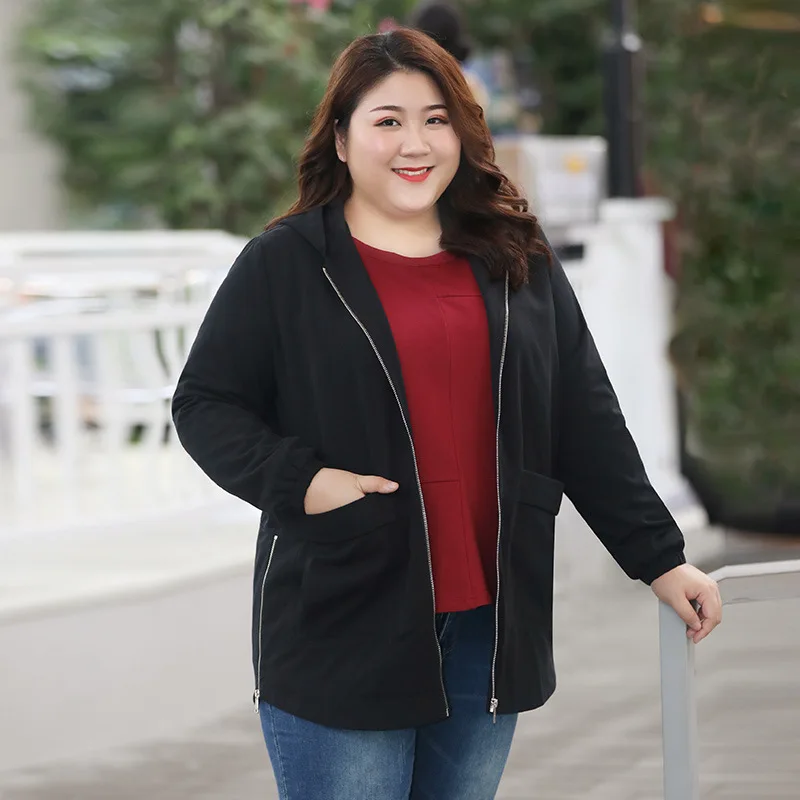 

2019 Large Size Coat Plus-sized Womenswear Size Spring And Autumn Hooded Trench Coat Mid-length Loose Cotton Zipper Plus-sized C