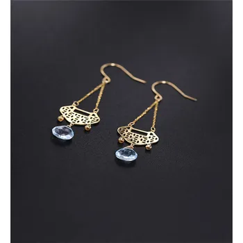 

DAIMI Sky Blue Topaz Earrings gemstones Female Genuine Yellow 18K Gold Ping An Lock Earring Gift