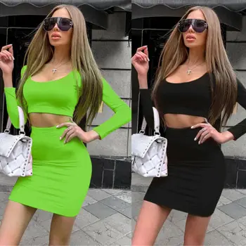 

2Pcs Sets Tank Crop Tops Mini Skirt Sexy Tracksuits Women Summer Autumn Casual Long Sleeve Tops Slim Hip Bodycon Skirts Outfits