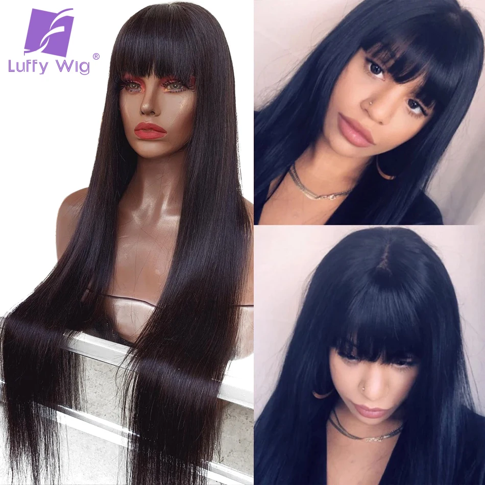 13x6 Lace Front Wig With Bangs Straight For Black Women Fake Scalp Brazilian Remy Human Hair Wigs 200Density HD Lace LUFFY