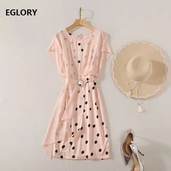 

2020 Summer Fashion Bodycon Dress High Quality Ladies Polka Dot Print Pink Color Block Ruffle Patchwork Sexy Asymmetrical Dress