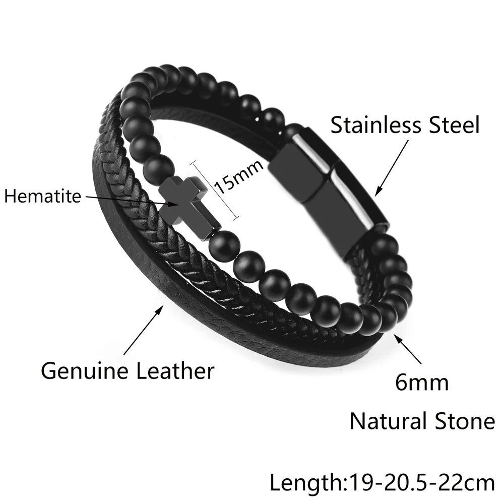 Natural Stone Beads Cross Bracelet On Hand Genuine Leather Braided Stainless Steel Magnetic Clasp Bangles For Men Jewelry Gift
