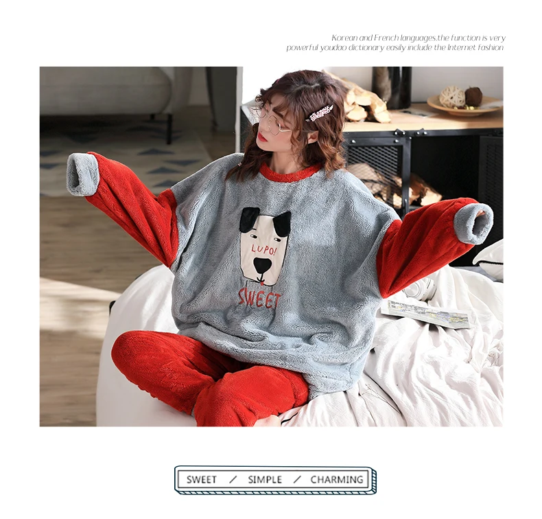 Large pyjamas autumn and winter women's lovely coral velvet thickened fat sister 100kg loose maternity home clothes set
